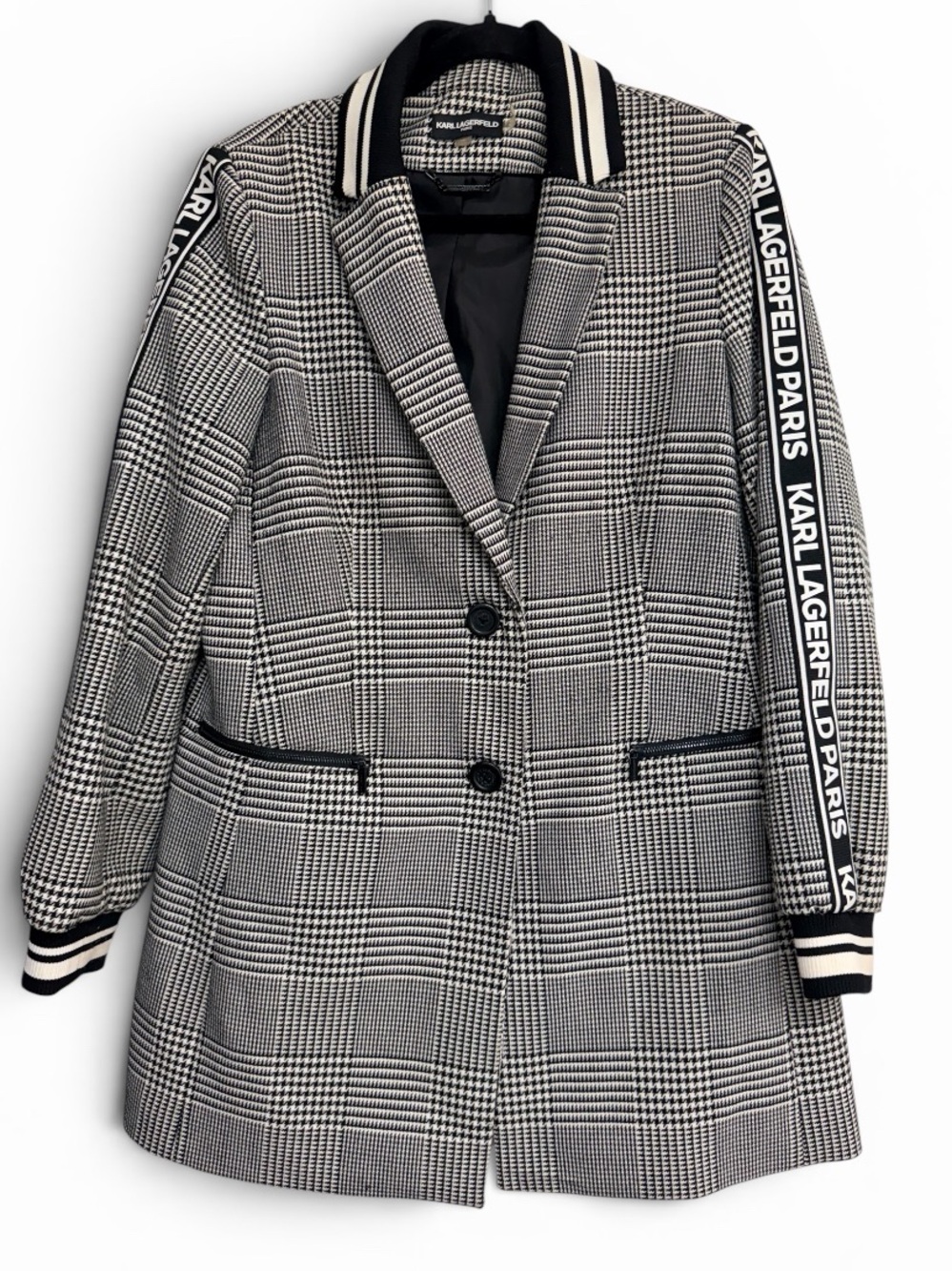 Karl Lagerfeld Black & White Glen Plaid Blazer with Branded Tape Trim